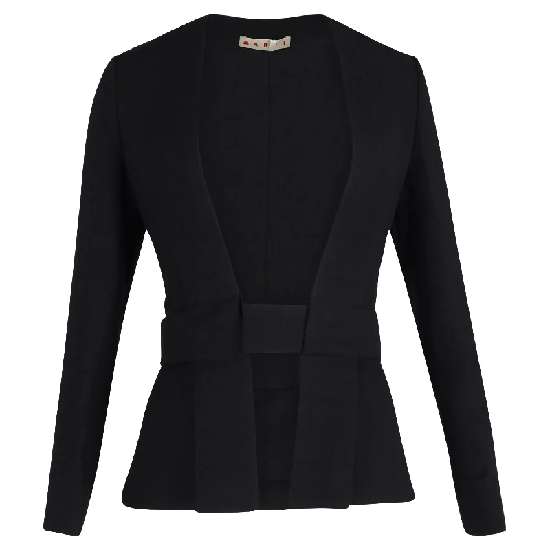 Marni Collarless Jacket with Waist Belt in Black Wool Ribbed Jacket Pleated Jacket Ruffled Jacket