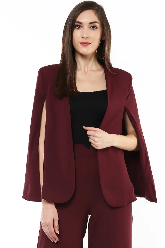 Women Maroon Cape Jacket Nylon Jacket Polyester Jacket Spandex Jacket