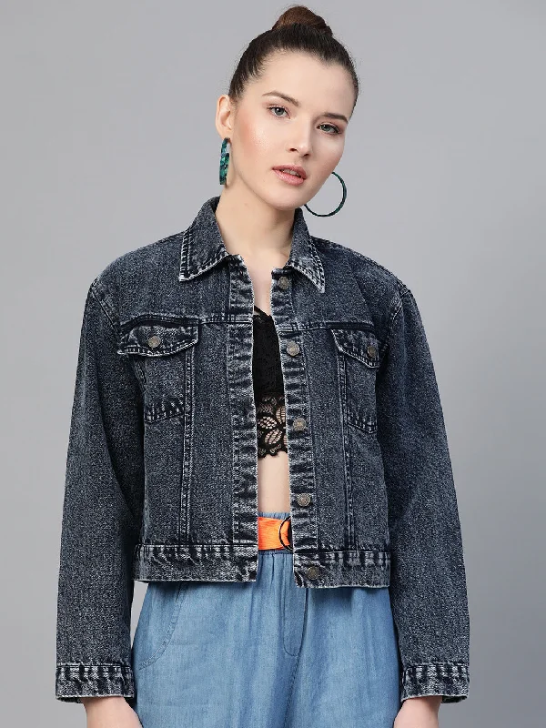 Black Acid Wash Boxy Denim Jacket Print Jacket Jacquard Jacket Embroidered Jacket