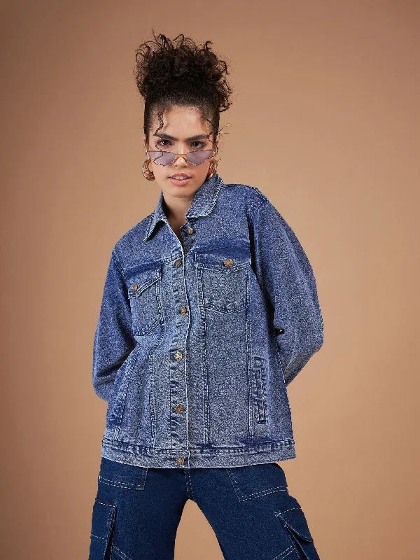 Women Navy Washed Denim Oversized Jacket Tailored Jacket Straight Jacket A-Line Jacket