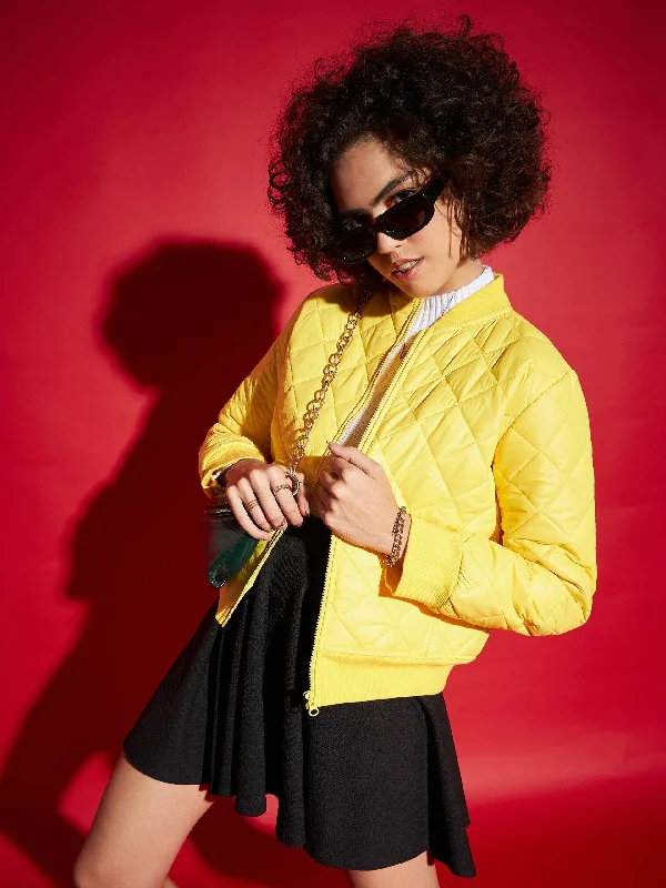 Women Yellow Diamond Quilted Bomber Jacket Welt Pockets Slit Pockets Flap Pockets