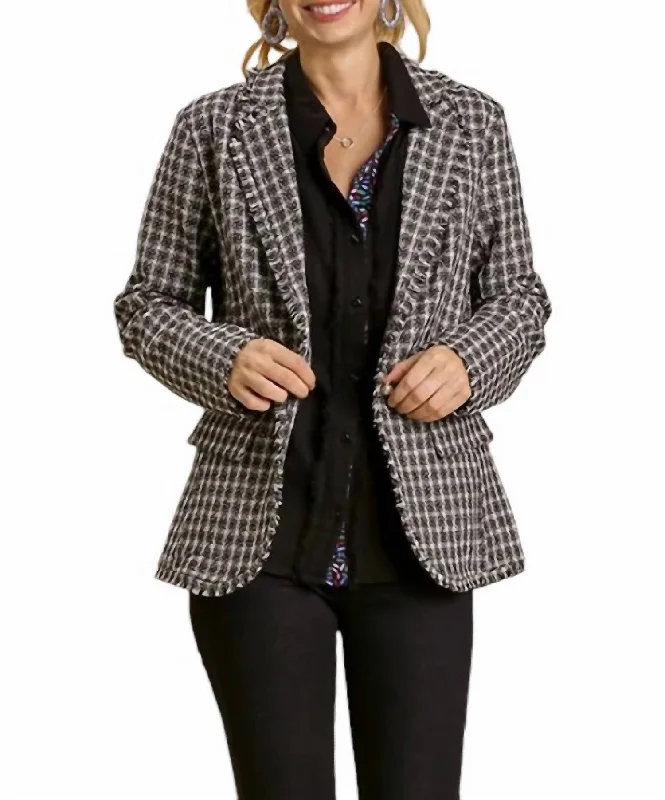 Tweed Plaid Jacket Blazer In Black Front Pockets Side Pockets Patch Pockets