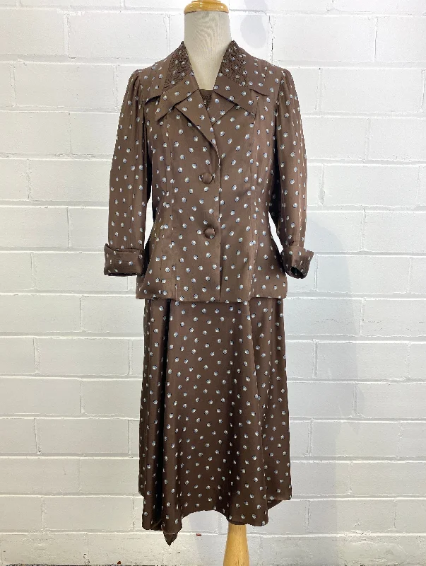 Vintage 1950s Brown Polka Dot Silk 2 Piece Dress & Jacket, Florence Vingst, Medium Chenille Jacket Brocade Jacket Lace Jacket