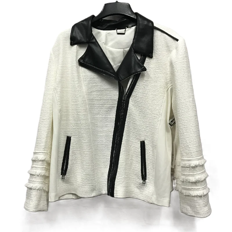 White Jacket Moto By Chicos, Size: 1x Notch Collar Jacket Peter Pan Collar Jacket Cowl Neck Jacket