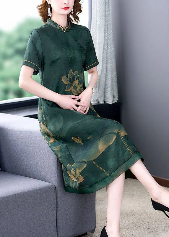 Green Lotus Print Silk A Line Skirts Stand Collar Summer denim skirt fashionable