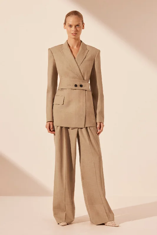 ASHER HOURGLASS DOUBLE BREASTED BLAZER WITH BELT - LATTE Women's Patchwork Suit