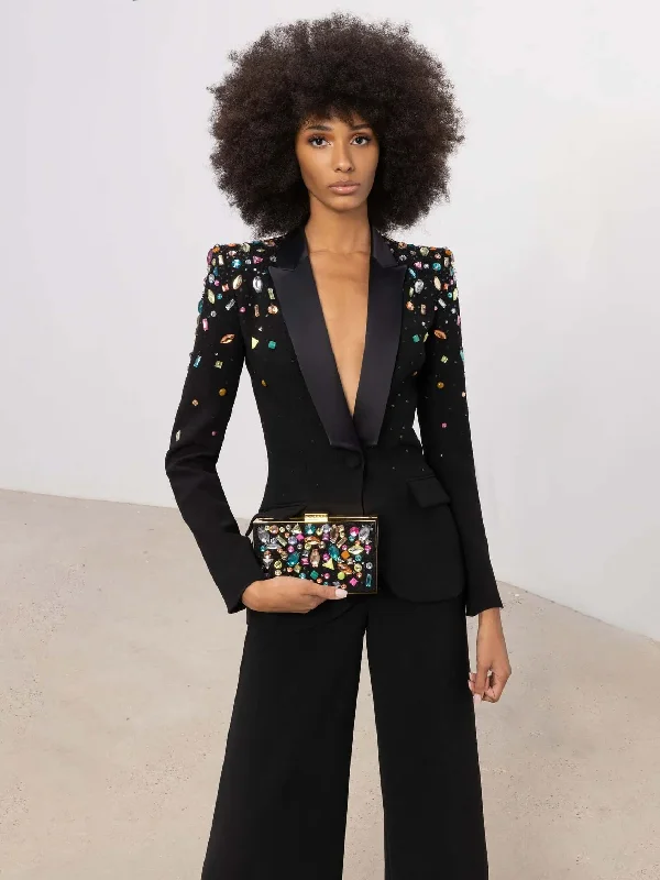 Bille Colorful Stones Embroidery Blazer Pantsuit Suit Black Women's Radiation Jacket