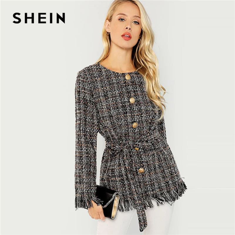 Black Elegant Highstreet Single Breasted Hem Button Belted Tweed Blazer Women's Party Jacket