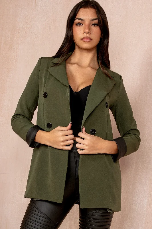 Bridgy Khaki Leather Cuff Blazer Women's Professional Jacket