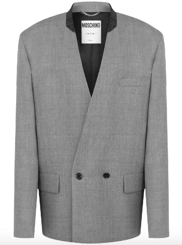 collarless double-breasted blazer in grey Linen Women's Suit