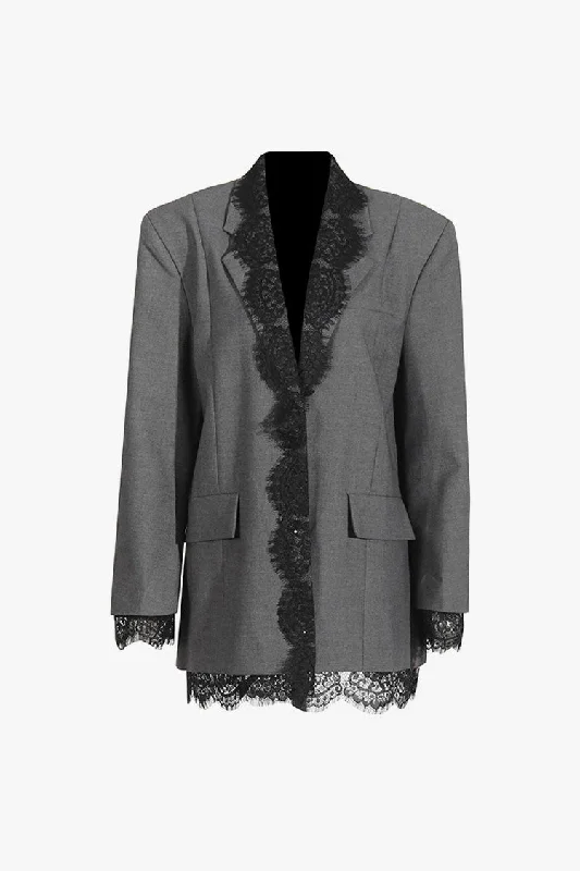 Feminine Lace Panel Lapel Strong Shoulder Long Sleeve Oversized Blazer Women's Fashion Blazer