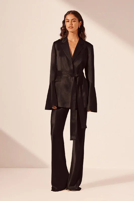 LA LUNE FLARED SLEEVE BELTED BLAZER - BLACK Women's Casual Suit