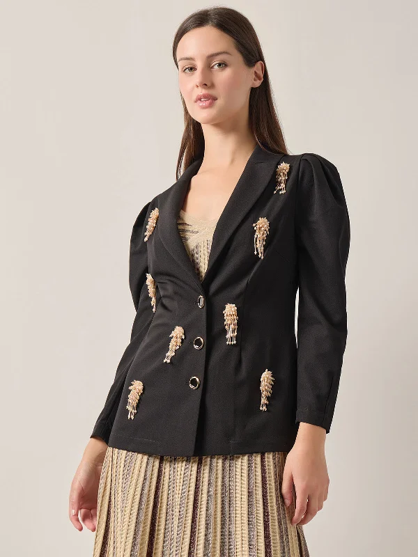 Modern Fit Beaded Applique Button Front Blazer Women's Fashion Blazer