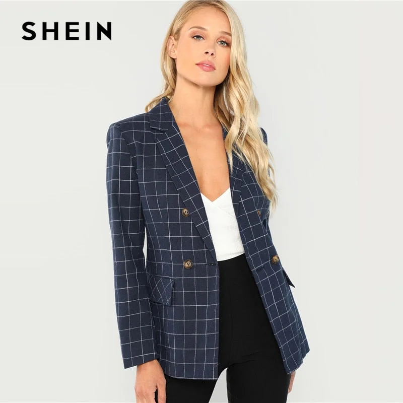 Navy Cotton Office Lady Elegant Notched Neck Plaid Double Breasted Blazer Women's Travel Jacket