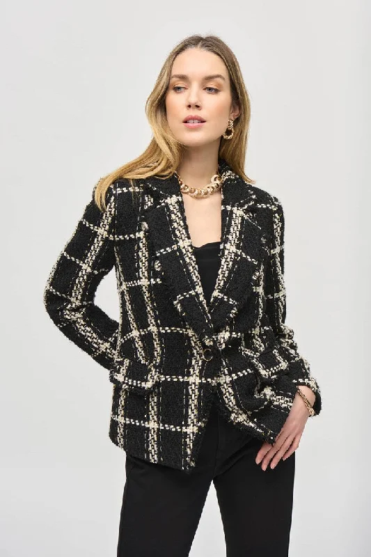 Plaid Bouclé Blazer With Pockets - Black and Vanilla New Women's Blazer