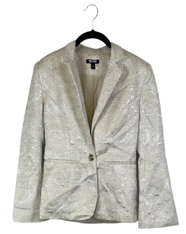 Cream Metallic Jacquard Blazer - Size 00, 0 and 2 Women's Classic Blazer