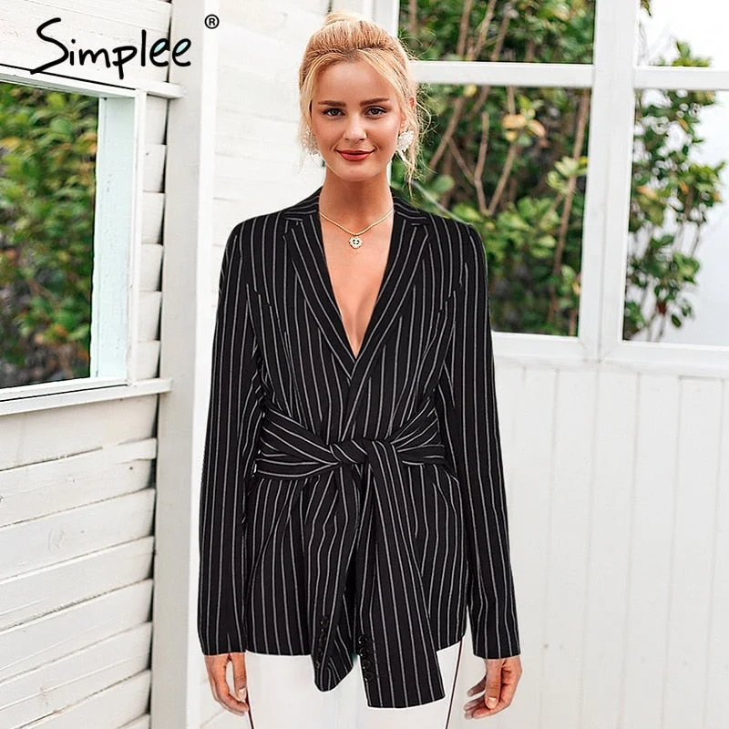 Striped sashes women slim fit office ladies blazer Autumn turn down collar single breasted coat Casual Feminino outwear Women's Vintage Suit