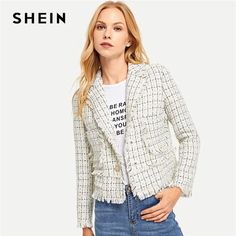 White Elegant Office Lady Button Front Notched Neck Fringe Plaid Blazer Women's Casual Suit