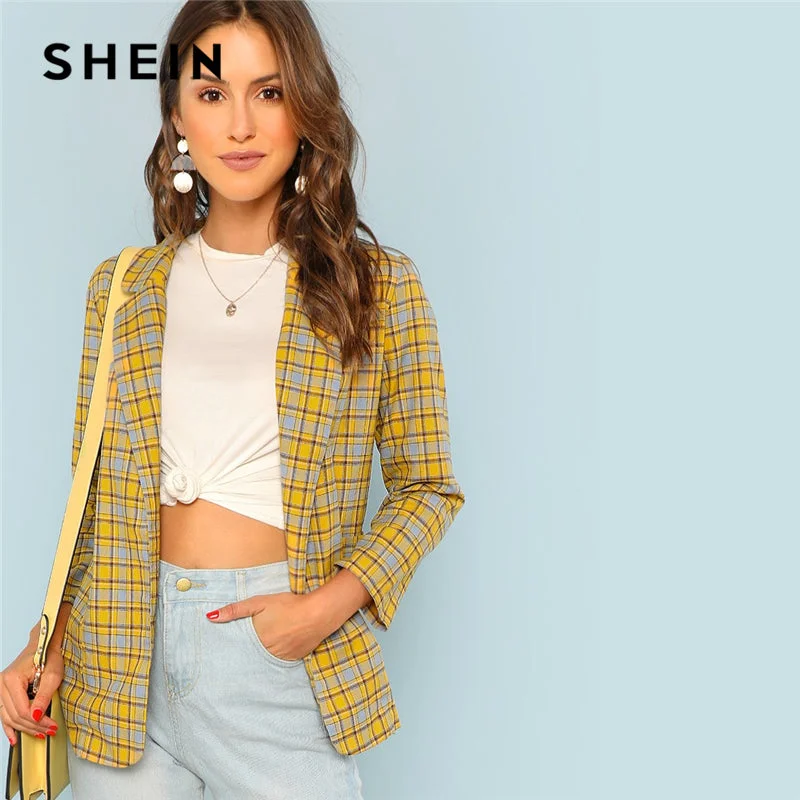 Yellow Office Lady Elegant Notch Collar Pocket Front Plaid Longline Highstreet Blazer Women's Classic Suit