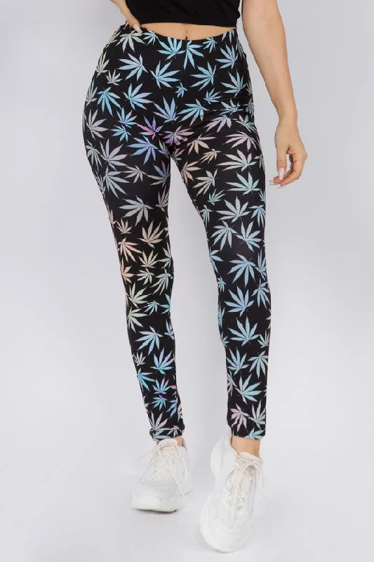 Colorful Mary J Marijuana Leaf Print Leggings Casual Black Leggings
