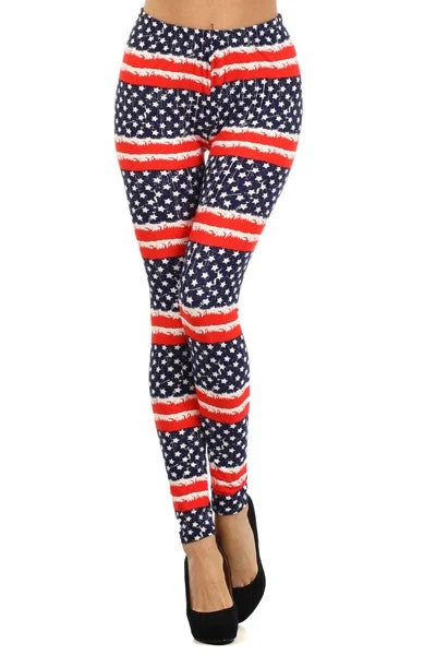 Distressed Flag Peach Skin Leggings Elegant Printed Leggings with Pockets