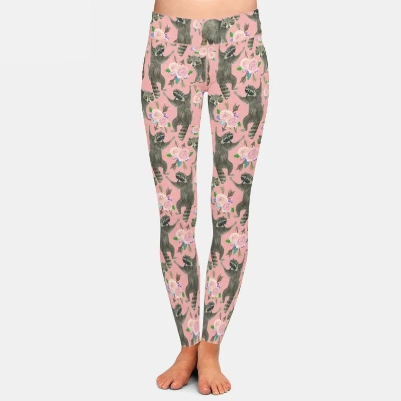 Ladies 3D Cartoon Raccoon & Flowers Printed Leggings Elegant Stretchy Faux Leather Leggings Ladies 3D Cartoon Raccoon & Flowers Printed Leggings Elegant Stretchy Faux Leather Leggings