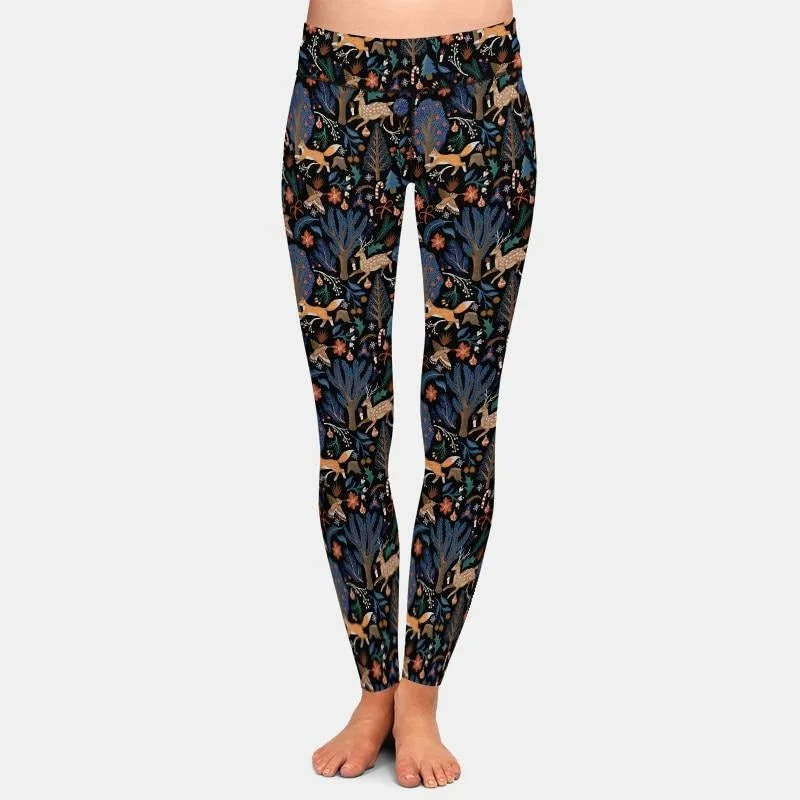 Ladies 3D Deer & Foxes In The Forest Printed Leggings Fashionable Floral Active Leggings Ladies 3D Deer & Foxes In The Forest Printed Leggings Fashionable Floral Active Leggings