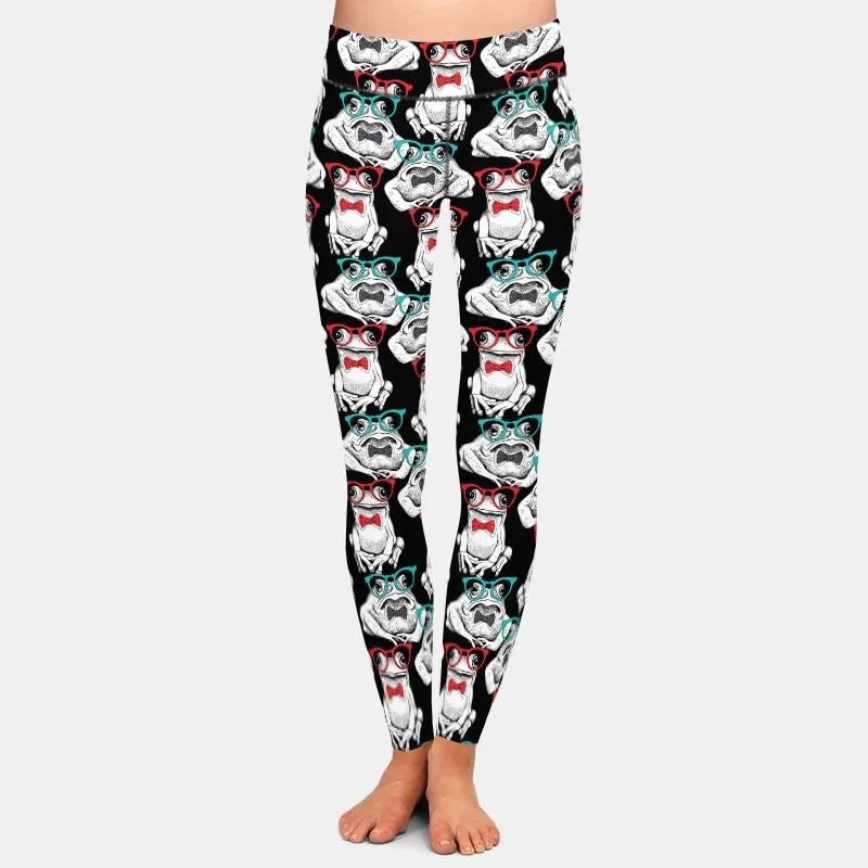 Ladies 3D Frogs In Glasses & Bow Ties Printed Leggings Trendy Side-Pocket Leggings