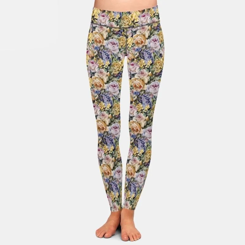 Ladies Beautiful Roses Printed Milk Silk Leggings Comfortable Ribbed Waistband Leggings Ladies Beautiful Roses Printed Milk Silk Leggings Comfortable Ribbed Waistband Leggings