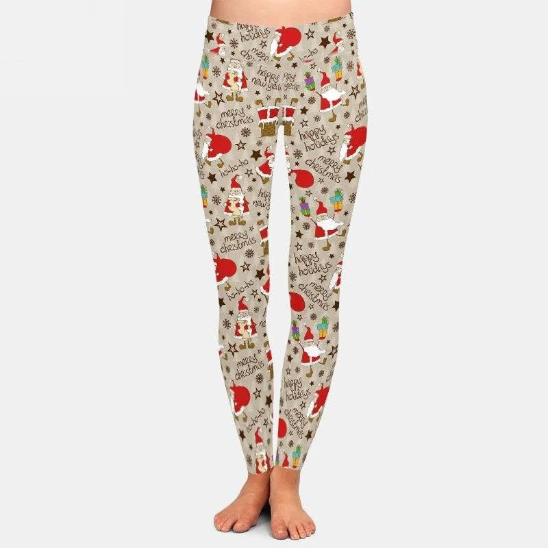Ladies Beautiful Santa Seasons Greetings Printed Leggings Cozy Fashion Leggings