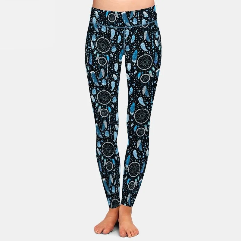 Ladies Blue Dream Catchers & Feathers Printed Leggings Comfortable Workout Fitness Leggings
