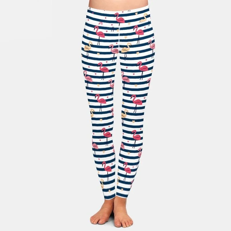Ladies Cute Flamingos & Hearts Printed Leggings Comfortable Cold Weather Leggings