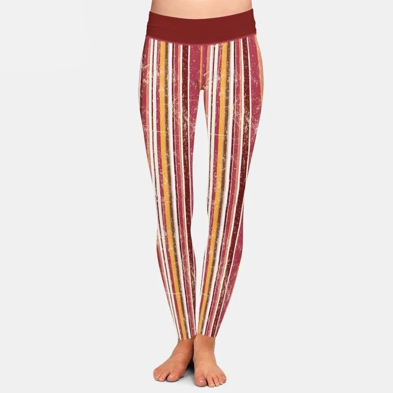 Ladies Fashion Vintage Striped Printed Leggings Cozy Mid-Rise Workout Leggings