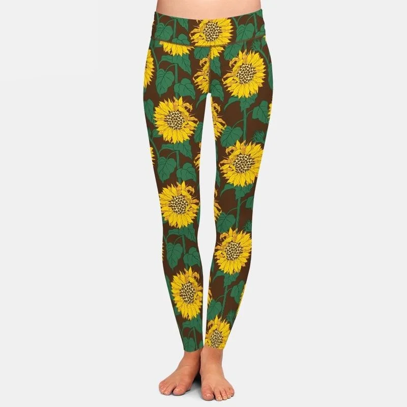 Ladies Large Sunflowers Printed Leggings Cozy Ribbed Leggings