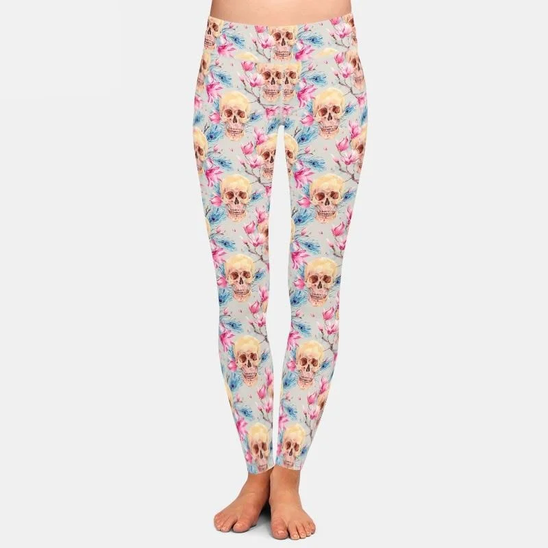 Ladies Skull & Pink Flowers Printed Leggings Stylish Ultra Stretch Leggings