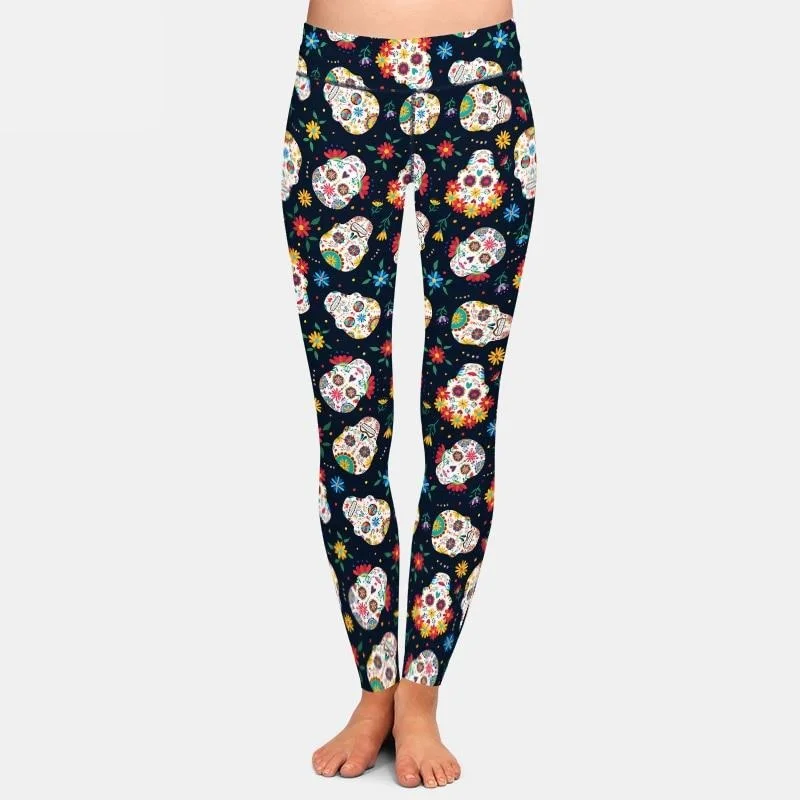 Ladies Sugar Skulls & Flowers Printed Leggings Stylish Athletic Wear Leggings
