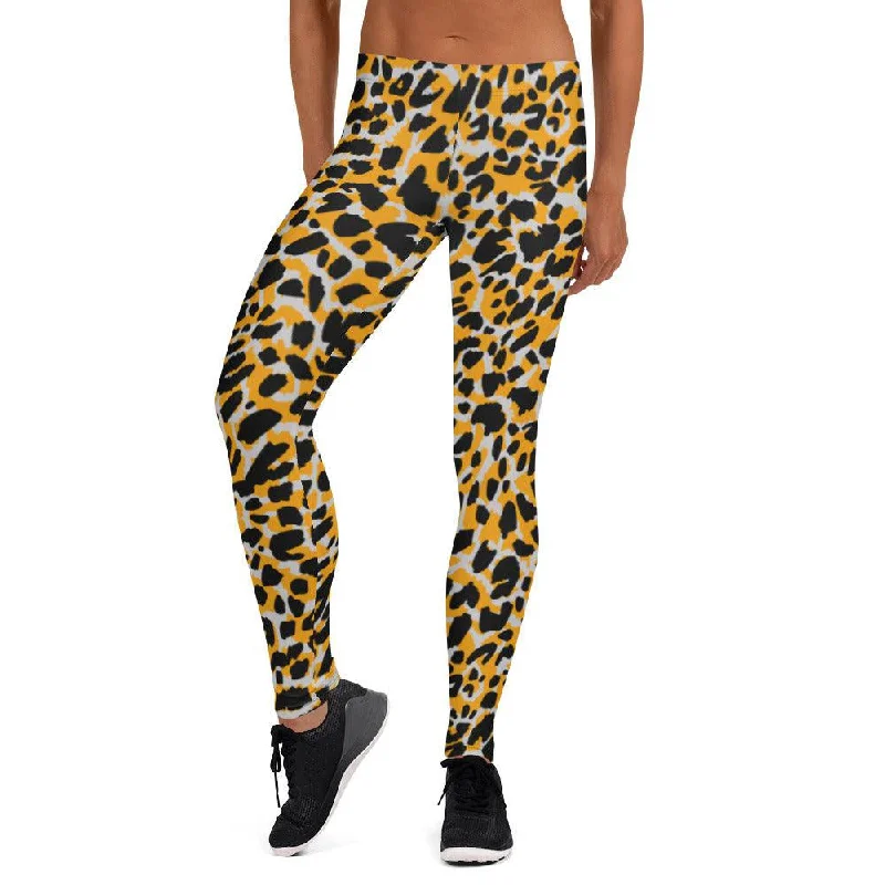 Orange Animal Print Women's Mid-Rise Leggings Elegant Textured Leggings