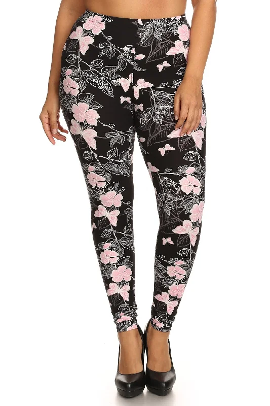 Plus Size Super Soft Peach Skin Fabric, Butterfly Graphic Printed Knit Legging With Elastic Waist Detail Stylish Lightweight Leggings Plus Size Super Soft Peach Skin Fabric, Butterfly Graphic Printed Knit Legging With Elastic Waist Detail Stylish Lightweight Leggings