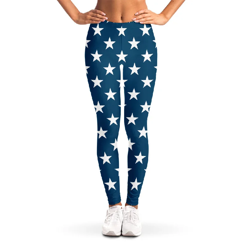 White And Blue USA Star Pattern Print Women's Leggings Trendy Foil Finish Leggings