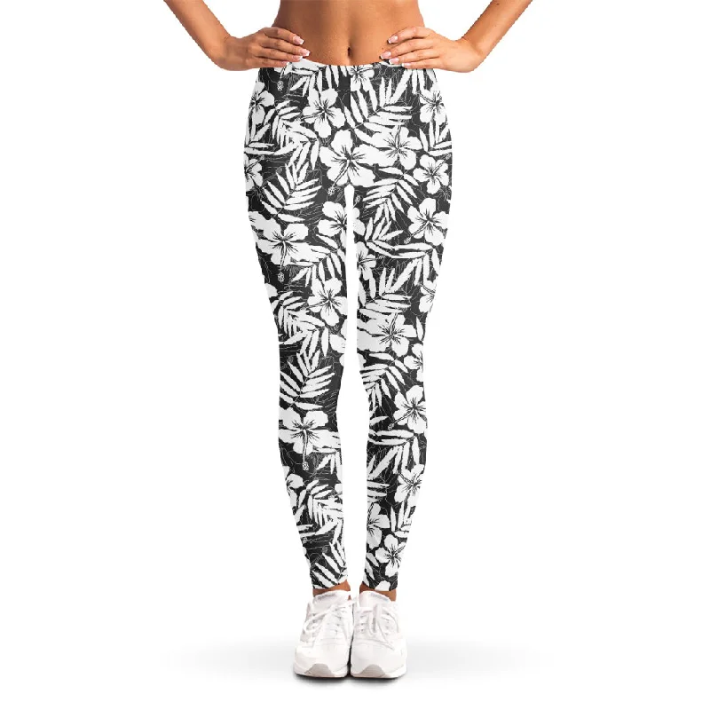 White And Grey Hawaiian Pattern Print Women's Leggings Elegant Embellished Leggings