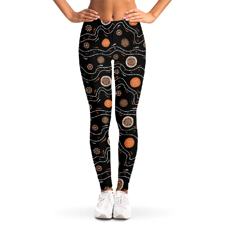 White And Orange Aboriginal Art Print Women's Leggings Casual Black Leggings