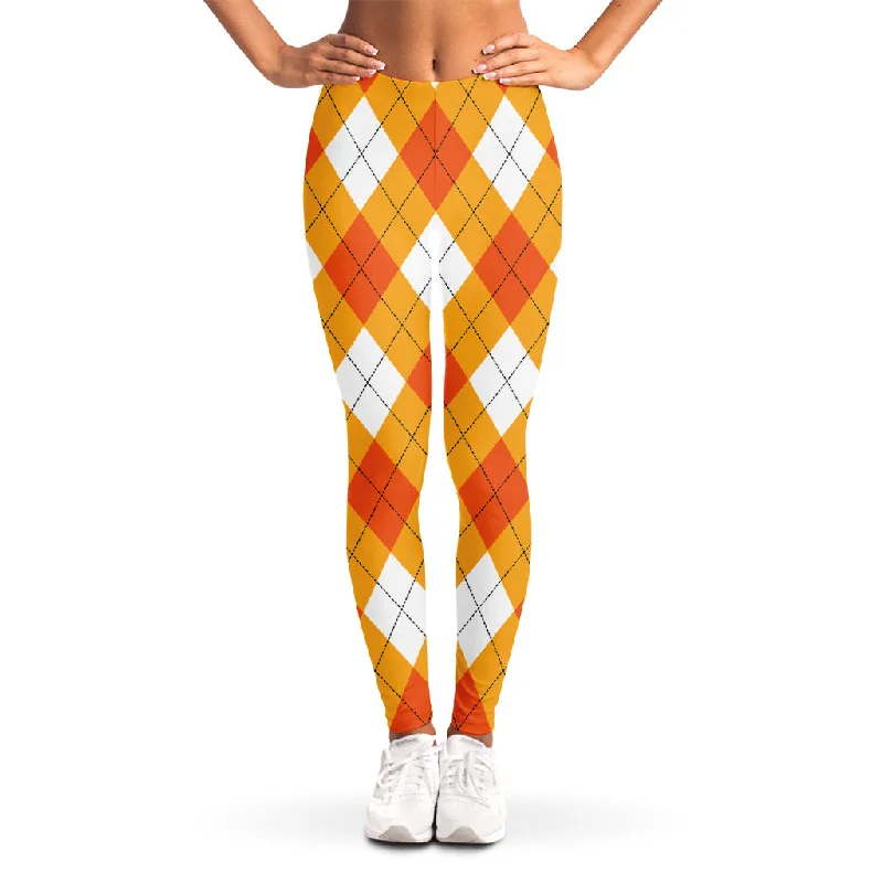 White And Orange Argyle Pattern Print Women's Leggings Comfortable Capri-Length Leggings White And Orange Argyle Pattern Print Women's Leggings Comfortable Capri-Length Leggings
