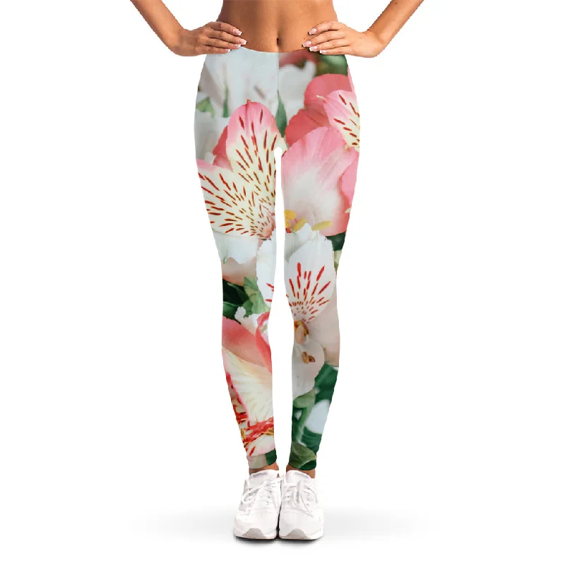 White And Pink Alstroemeria Print Women's Leggings Fashionable Lacy Detail Leggings