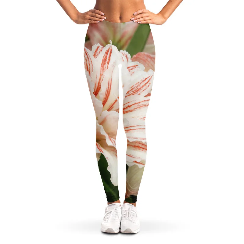 White And Pink Amaryllis Print Women's Leggings Fashionable Seamless Leggings