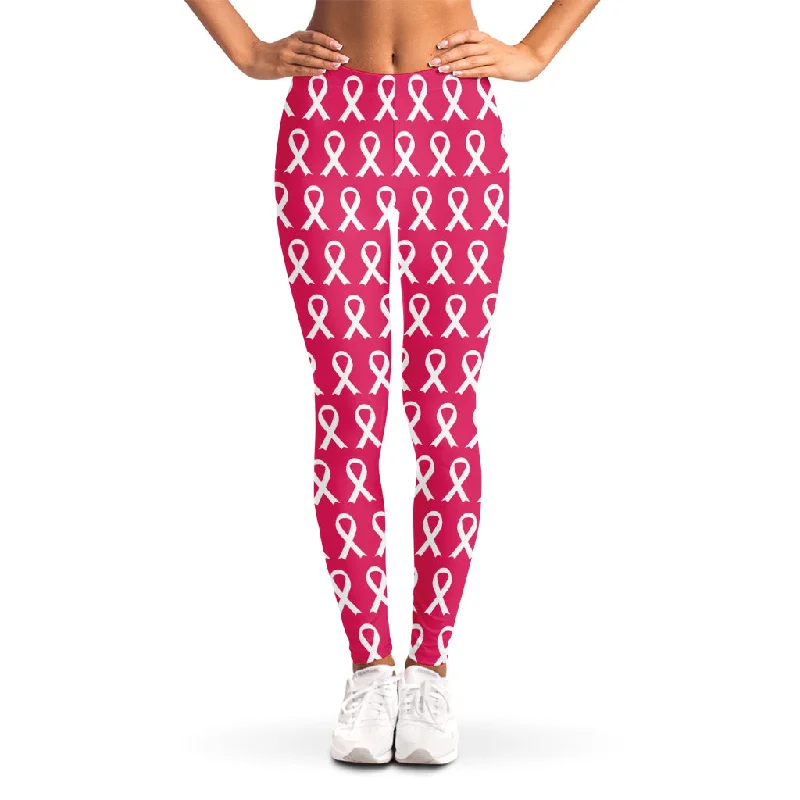 White And Pink Breast Cancer Print Women's Leggings Casual Slim-Fit Leggings