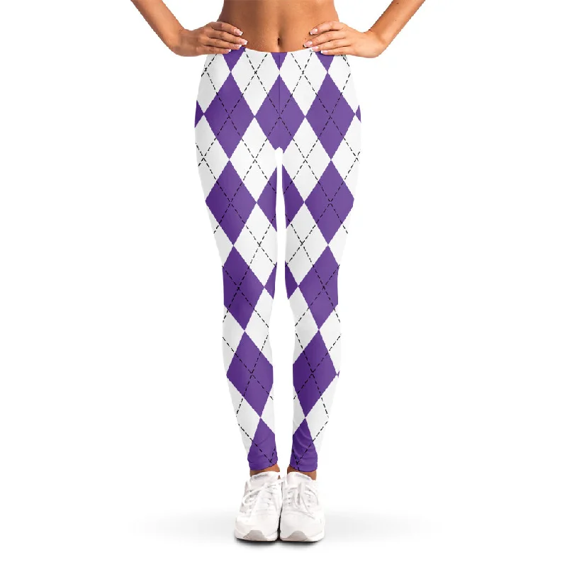 White And Purple Argyle Pattern Print Women's Leggings Stylish Stretch-Waist Leggings White And Purple Argyle Pattern Print Women's Leggings Stylish Stretch-Waist Leggings