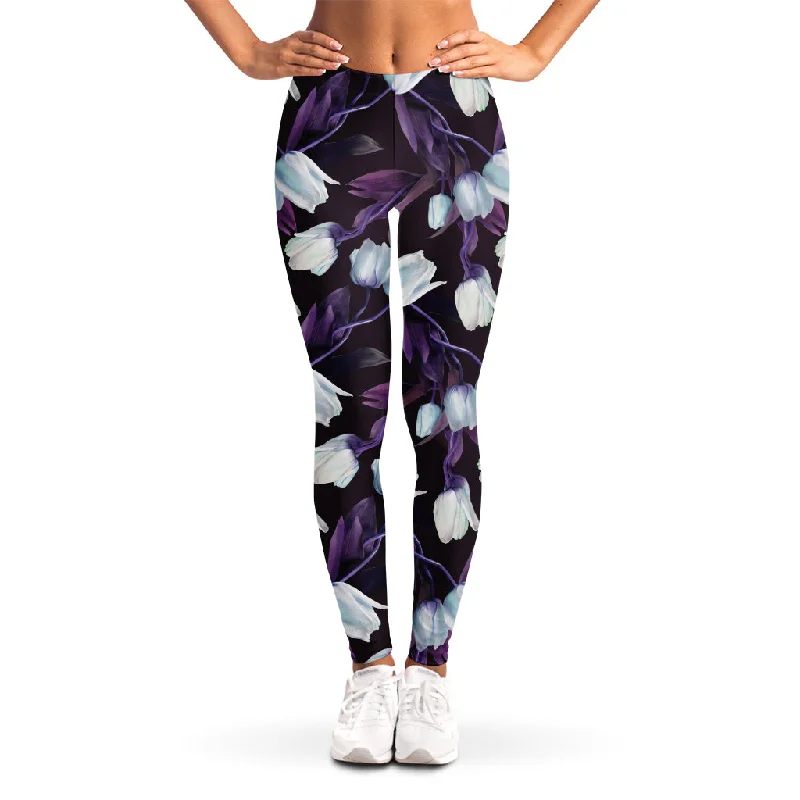White And Purple Tulip Pattern Print Women's Leggings Trendy Leather-Look Workout Leggings White And Purple Tulip Pattern Print Women's Leggings Trendy Leather-Look Workout Leggings