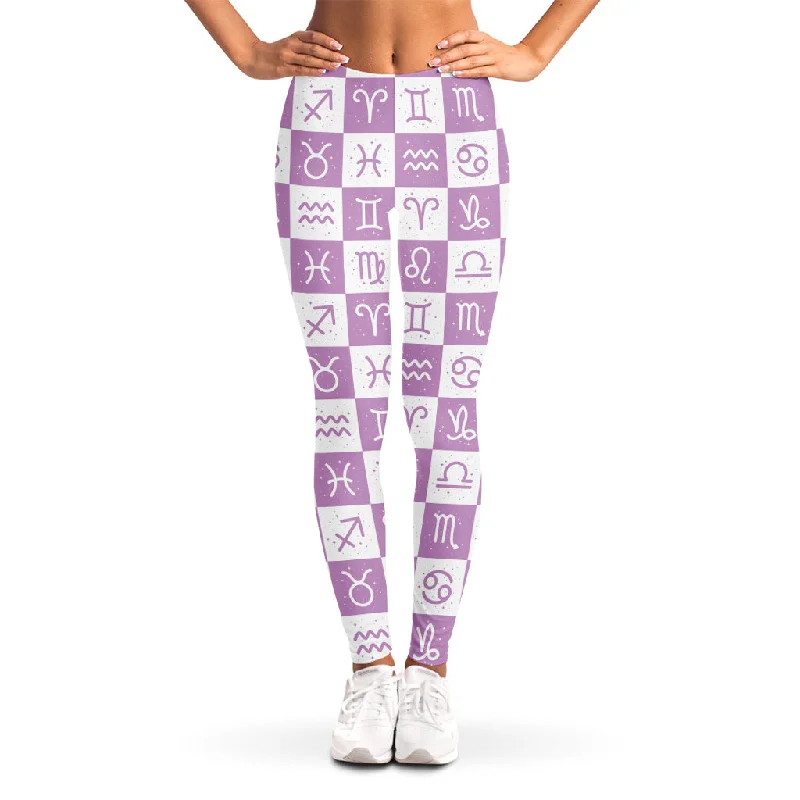White And Purple Zodiac Signs Print Women's Leggings Comfortable Workout Fitness Leggings White And Purple Zodiac Signs Print Women's Leggings Comfortable Workout Fitness Leggings