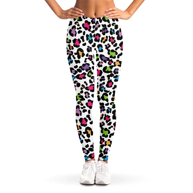White And Rainbow Leopard Print Women's Leggings Classic Solid Color Leggings