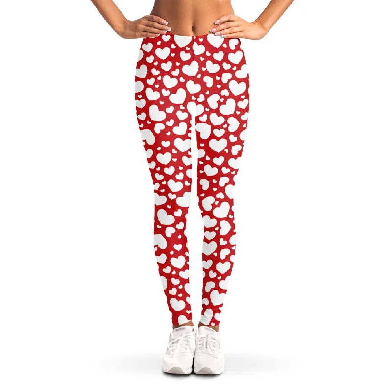 White And Red Heart Pattern Print Women's Leggings Comfortable Slip-On Compression Leggings White And Red Heart Pattern Print Women's Leggings Comfortable Slip-On Compression Leggings